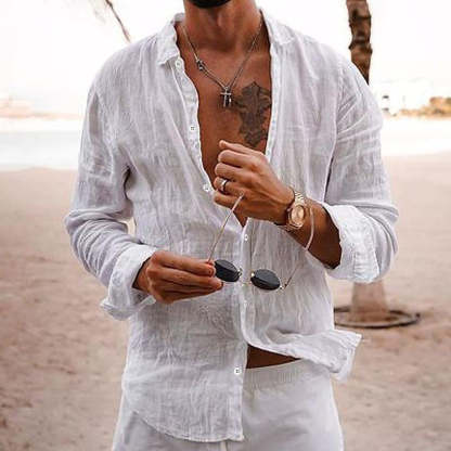 Men's loose shirt made from a high-quality linen-cotton blend, breathable, with a button placket and long sleeves - perfect for casual and business-casual looks.