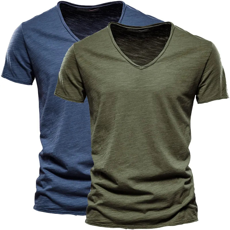 Men's 2-piece plain basic V-neck short sleeve T-shirt