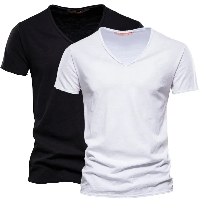 Men's 2-piece plain basic V-neck short sleeve T-shirt