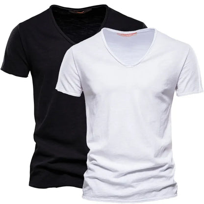 Men's 2-piece plain basic V-neck short sleeve T-shirt
