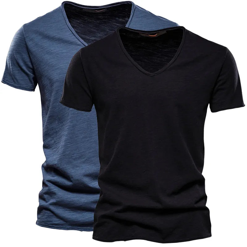 Men's 2-piece plain basic V-neck short sleeve T-shirt