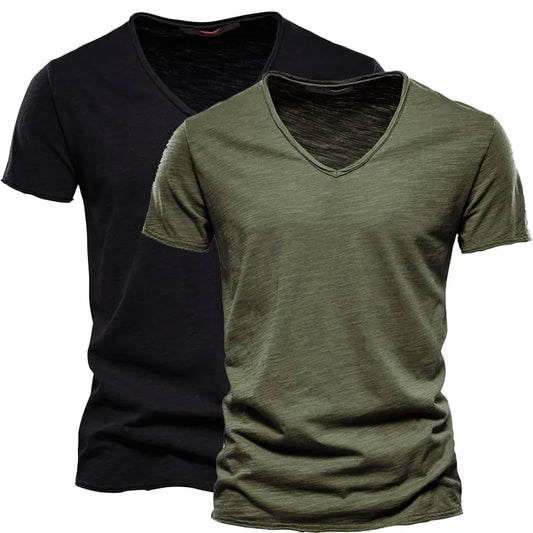 Men's 2-piece plain basic V-neck short sleeve T-shirt