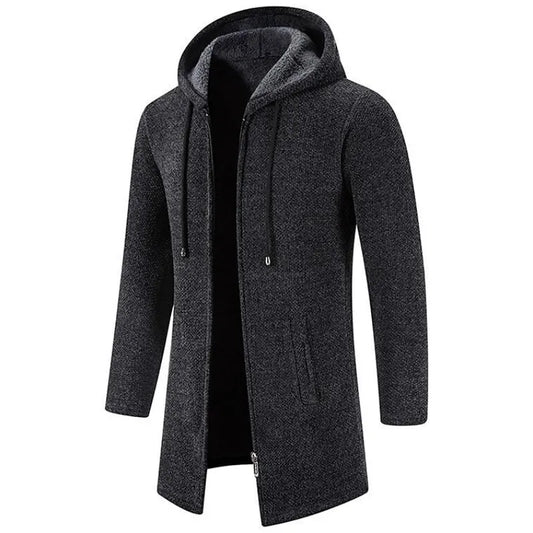 Men's mid-length fleece padded zipper hooded jacket