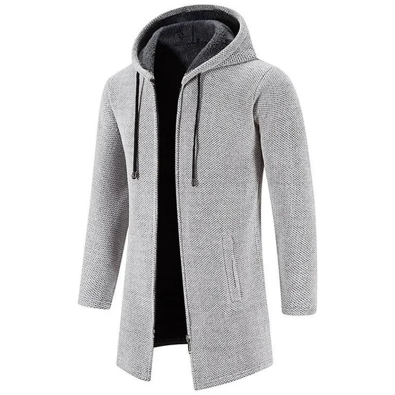 Men's mid-length fleece padded zipper hooded jacket