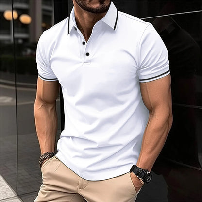 Men's polo shirt with single-colored button and ribbed collar, short-sleeved