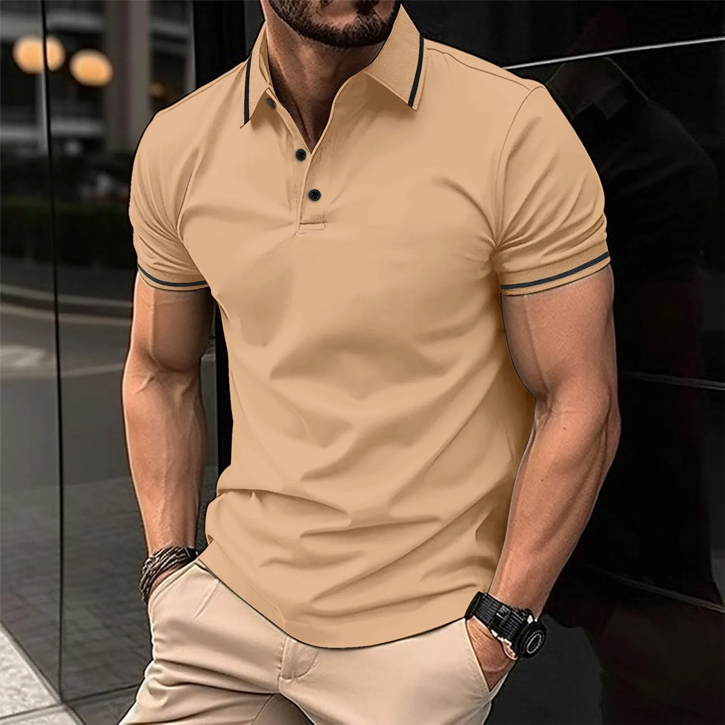 Men's polo shirt with single-colored button and ribbed collar, short-sleeved