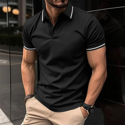 Men's polo shirt with single-colored button and ribbed collar, short-sleeved