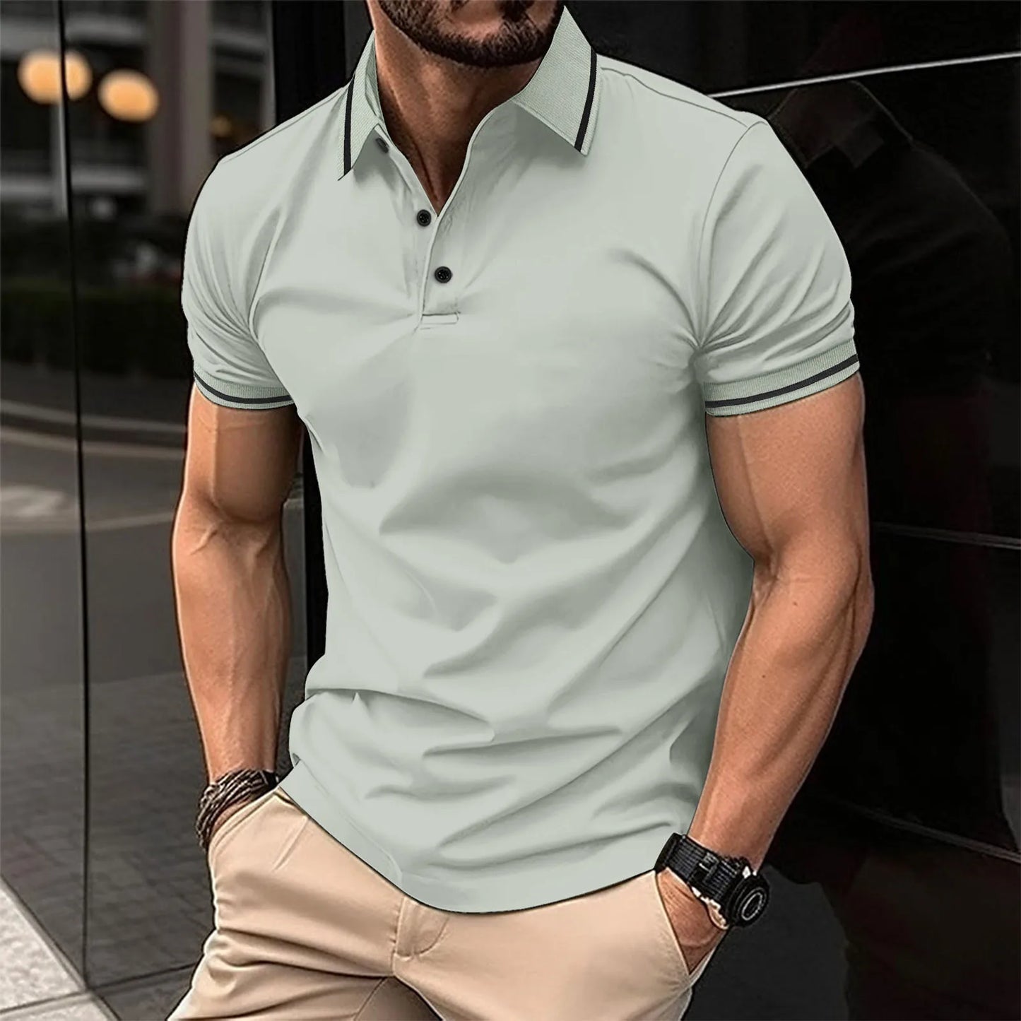 Men's polo shirt with single-colored button and ribbed collar, short-sleeved