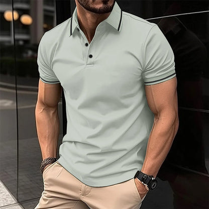 Men's polo shirt with single-colored button and ribbed collar, short-sleeved