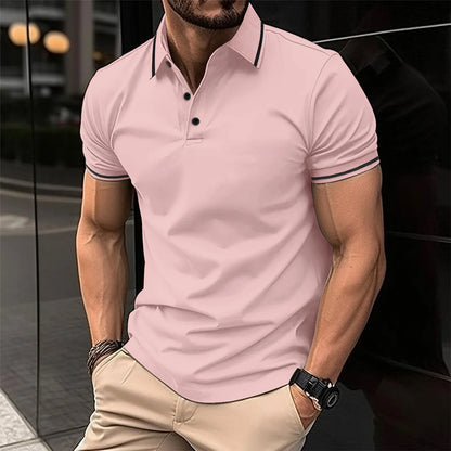 Men's polo shirt with single-colored button and ribbed collar, short-sleeved