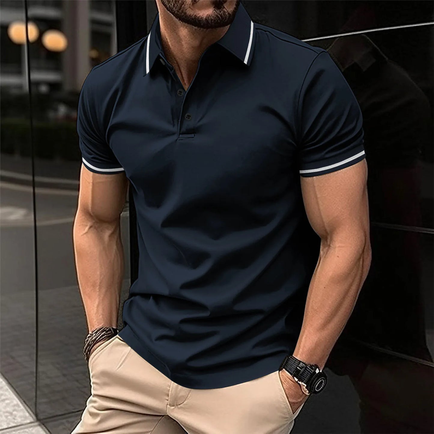 Men's polo shirt with single-colored button and ribbed collar, short-sleeved