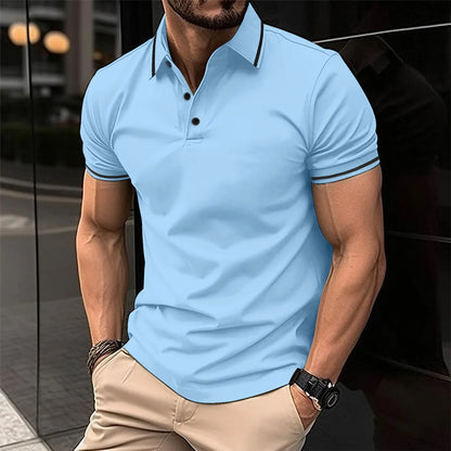 Men's polo shirt with single-colored button and ribbed collar, short-sleeved