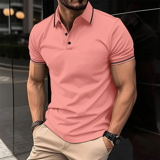 Men's polo shirt with single-colored button and ribbed collar, short-sleeved