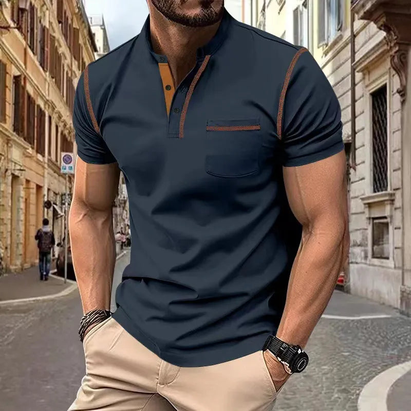 Sporty polo shirt with Henley collar and color block design for men