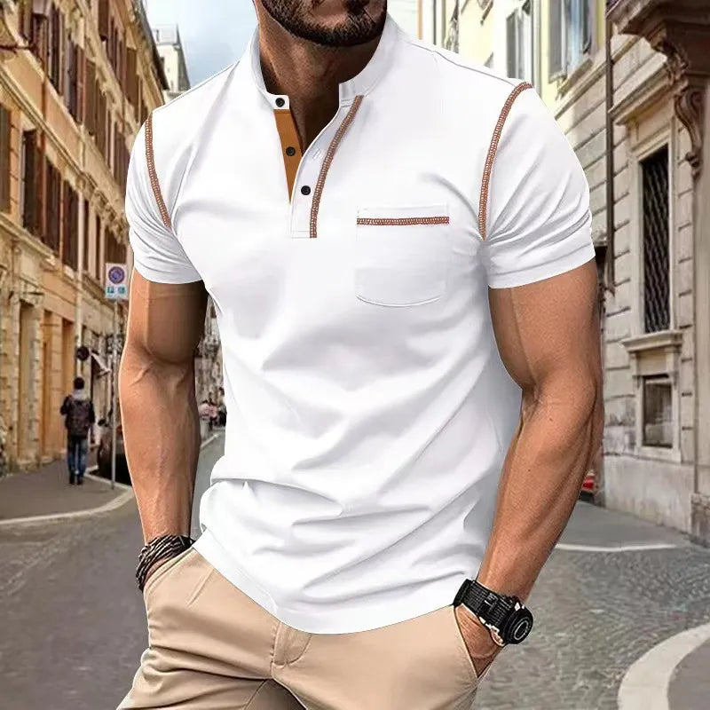 Sporty polo shirt with Henley collar and color block design for men