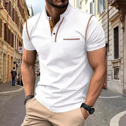 Sporty polo shirt with Henley collar and color block design for men