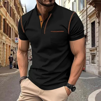 Sporty polo shirt with Henley collar and color block design for men