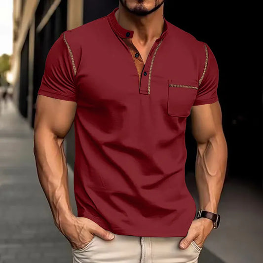 Sporty polo shirt with Henley collar and color block design for men
