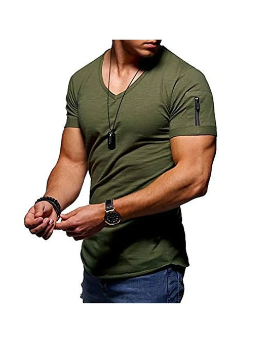 Men's plain V-neck short sleeve T-shirt with zipper sleeves