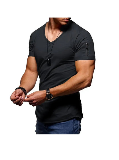 Men's plain V-neck short sleeve T-shirt with zipper sleeves