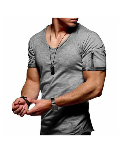 Men's plain V-neck short sleeve T-shirt with zipper sleeves