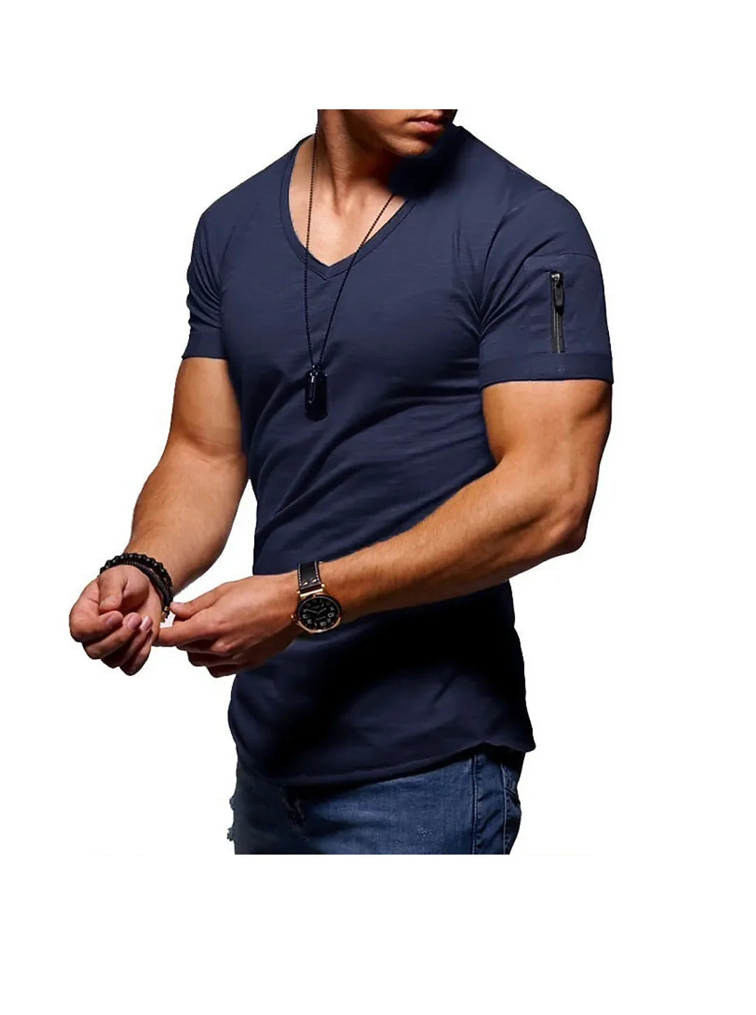 Men's plain V-neck short sleeve T-shirt with zipper sleeves