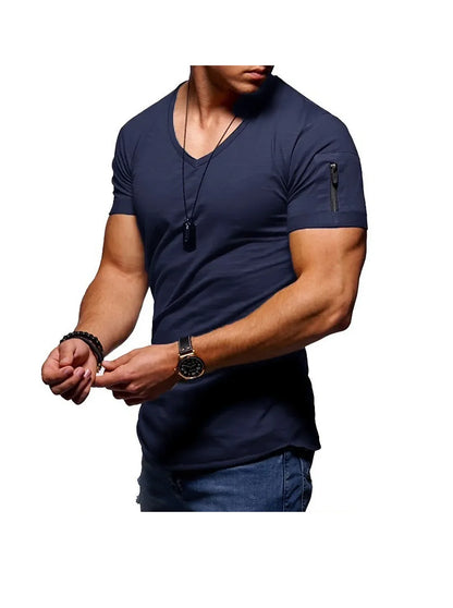Men's plain V-neck short sleeve T-shirt with zipper sleeves