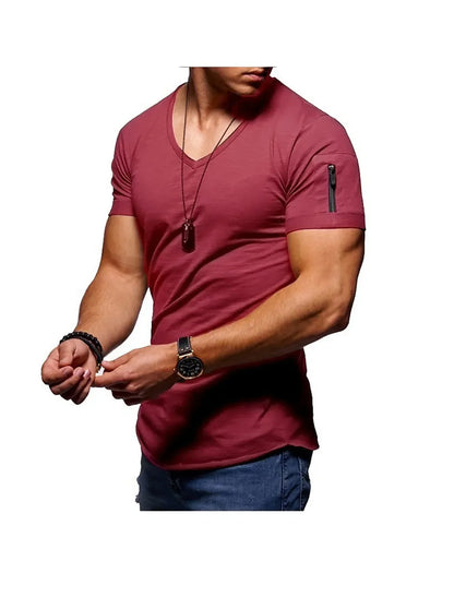 Men's plain V-neck short sleeve T-shirt with zipper sleeves
