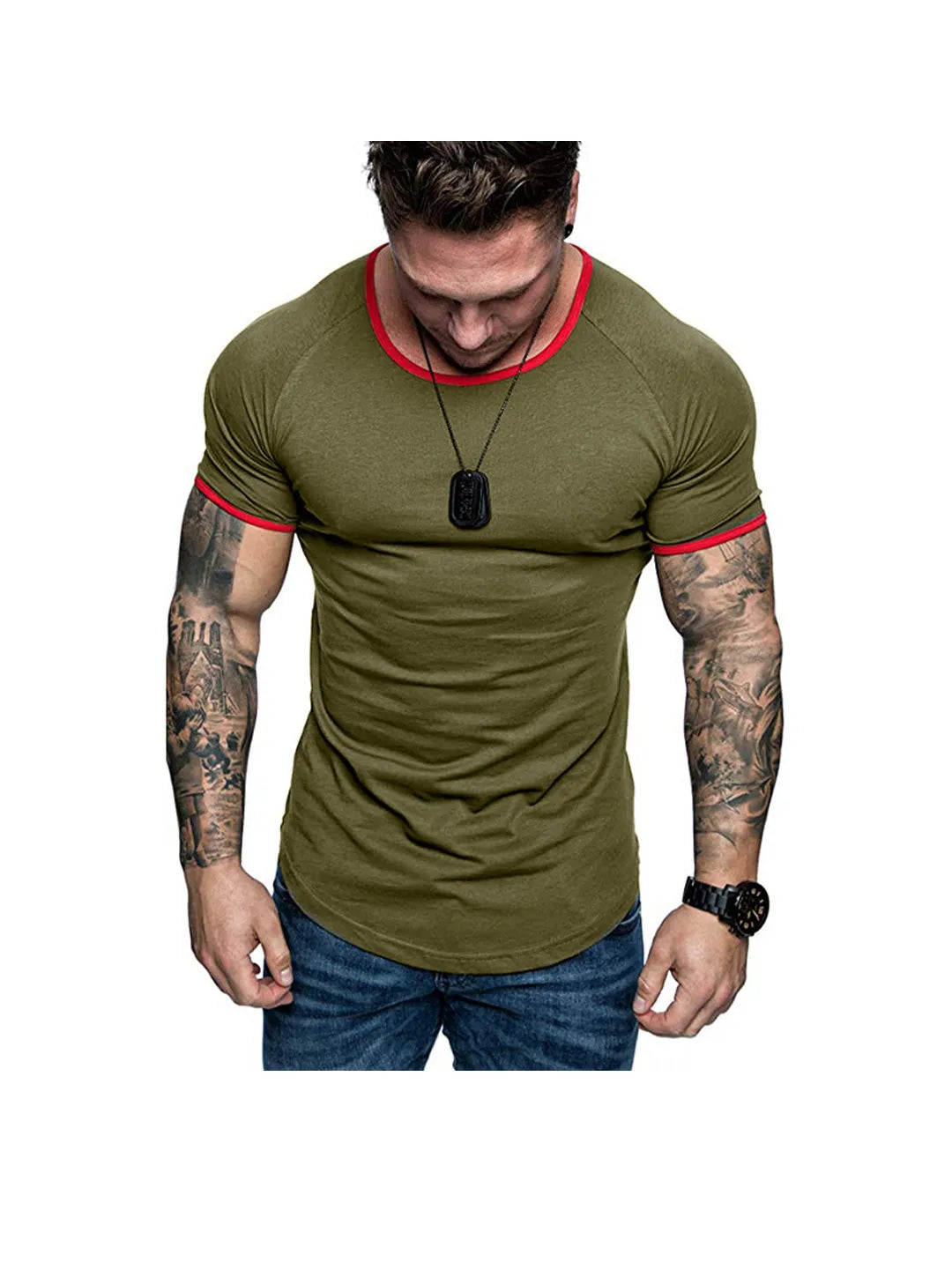 Men's T-shirt with contrasting plain-colored round neckline and raglan sleeves