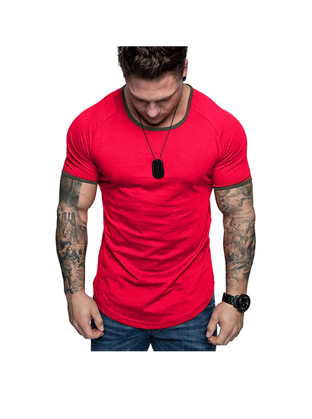 Men's T-shirt with contrasting plain-colored round neckline and raglan sleeves
