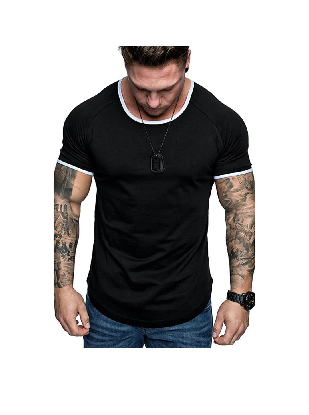 Men's T-shirt with contrasting plain-colored round neckline and raglan sleeves