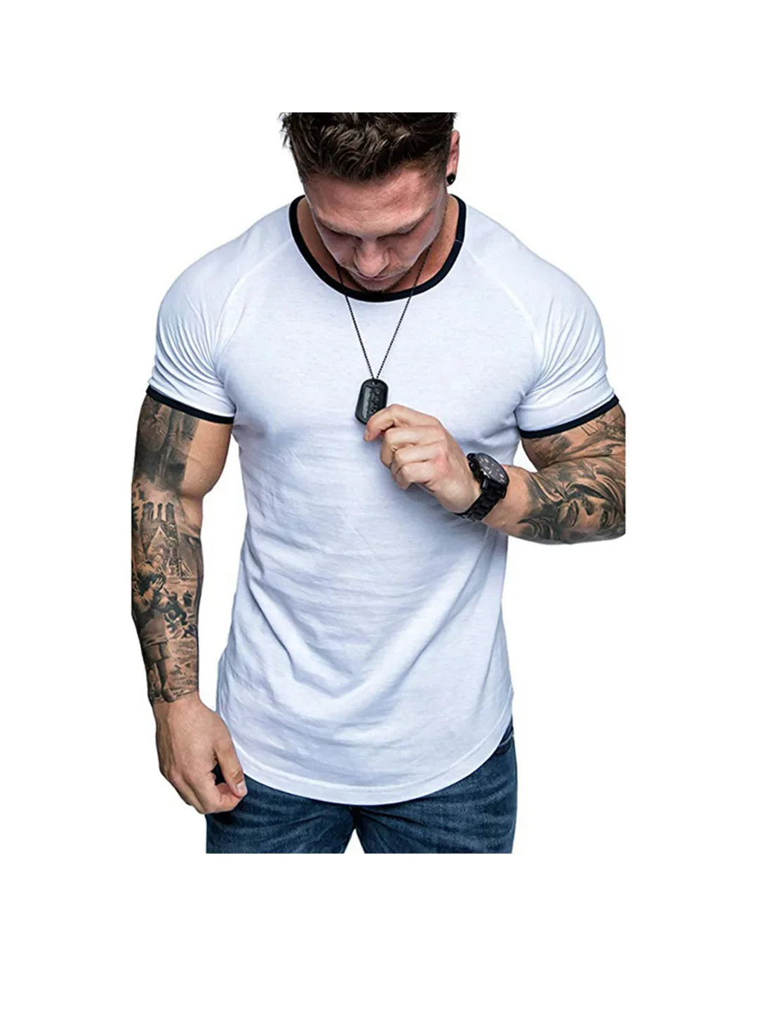 Men's T-shirt with contrasting plain-colored round neckline and raglan sleeves