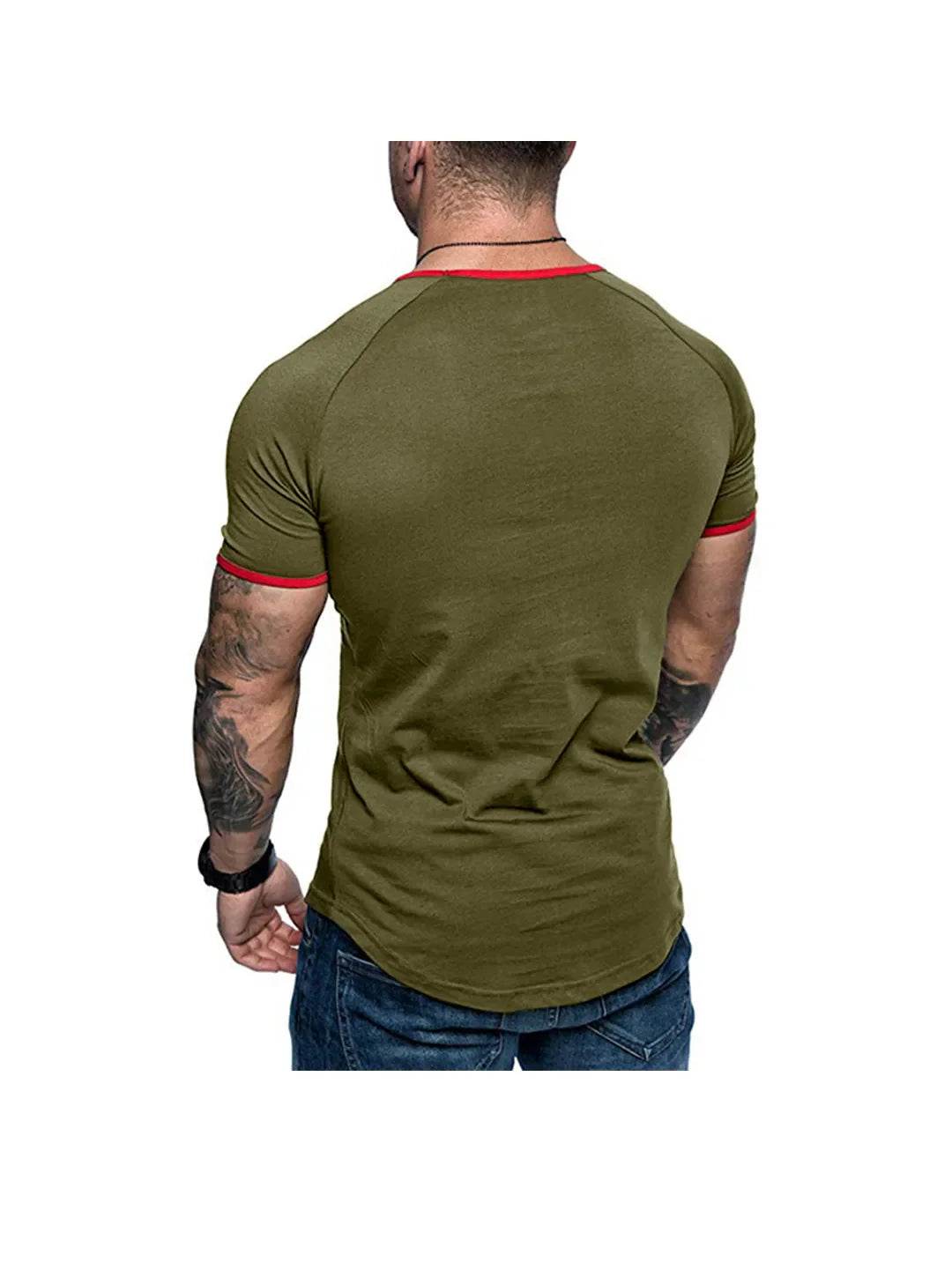 Men's T-shirt with contrasting plain-colored round neckline and raglan sleeves