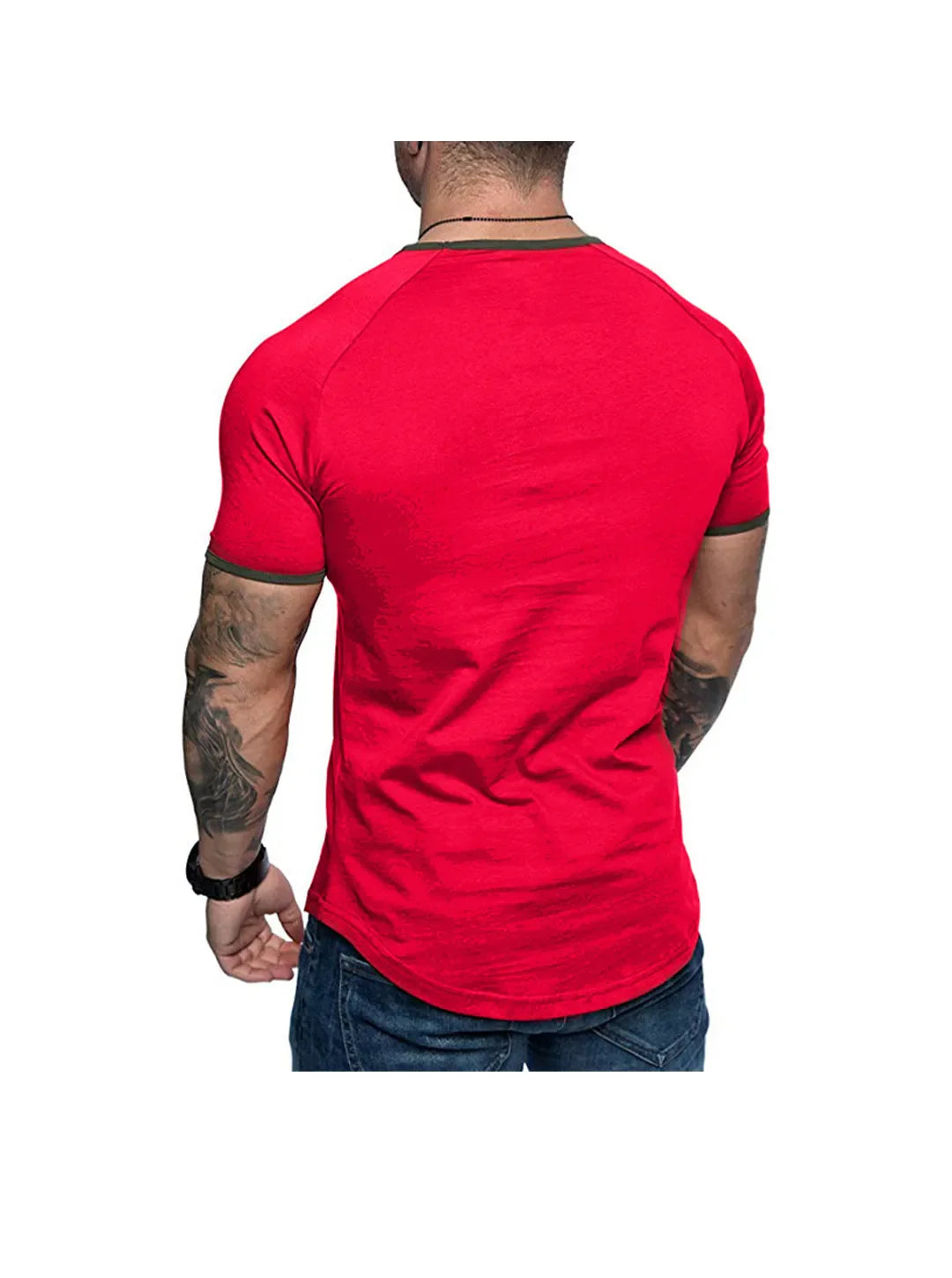 Men's T-shirt with contrasting plain-colored round neckline and raglan sleeves