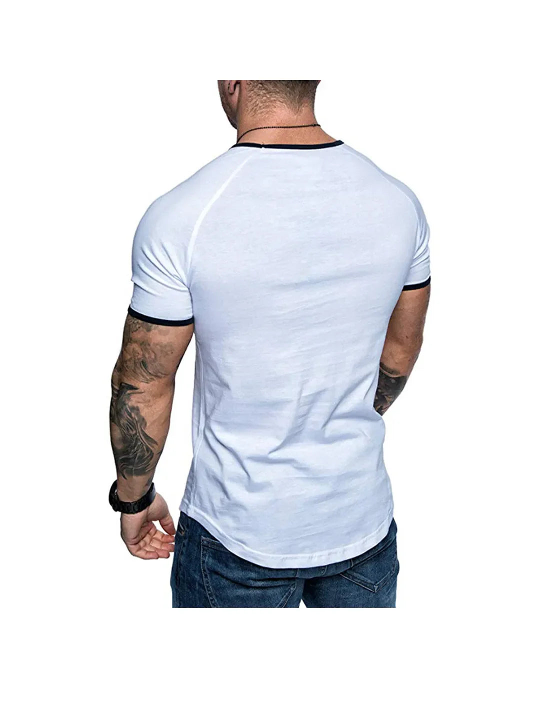 Men's T-shirt with contrasting plain-colored round neckline and raglan sleeves