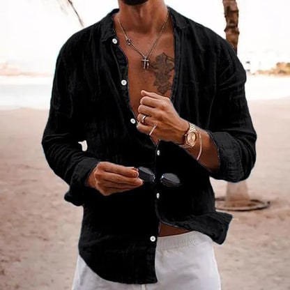 Men's loose shirt made from a high-quality linen-cotton blend, breathable, with a button placket and long sleeves - perfect for casual and business-casual looks.