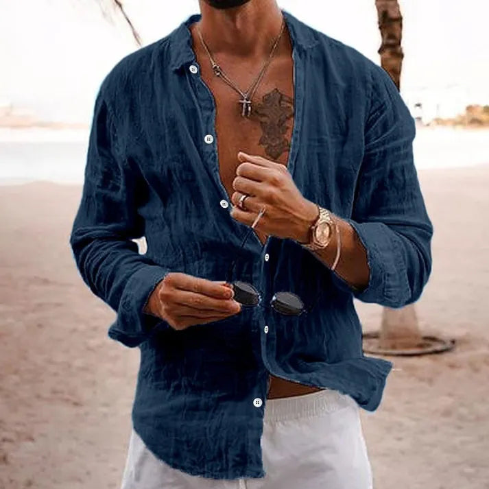 Men's loose shirt made from a high-quality linen-cotton blend, breathable, with a button placket and long sleeves - perfect for casual and business-casual looks.