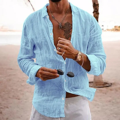 Men's loose shirt made from a high-quality linen-cotton blend, breathable, with a button placket and long sleeves - perfect for casual and business-casual looks.