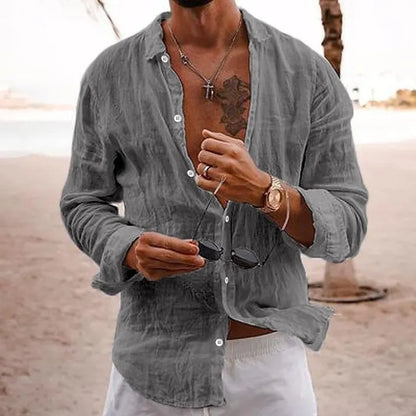 Men's loose shirt made from a high-quality linen-cotton blend, breathable, with a button placket and long sleeves - perfect for casual and business-casual looks.