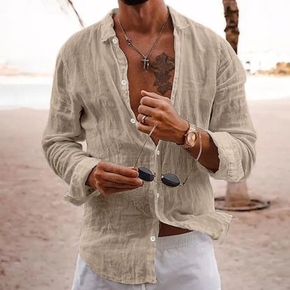 Men's loose shirt made from a high-quality linen-cotton blend, breathable, with a button placket and long sleeves - perfect for casual and business-casual looks.