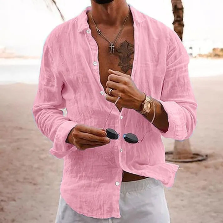 Men's loose shirt made from a high-quality linen-cotton blend, breathable, with a button placket and long sleeves - perfect for casual and business-casual looks.