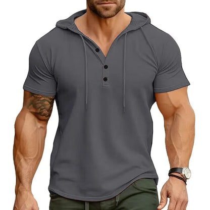 Men's single-colored stretch slim fit short sleeve hooded henley shirt