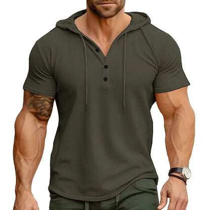 Men's single-colored stretch slim fit short sleeve hooded henley shirt