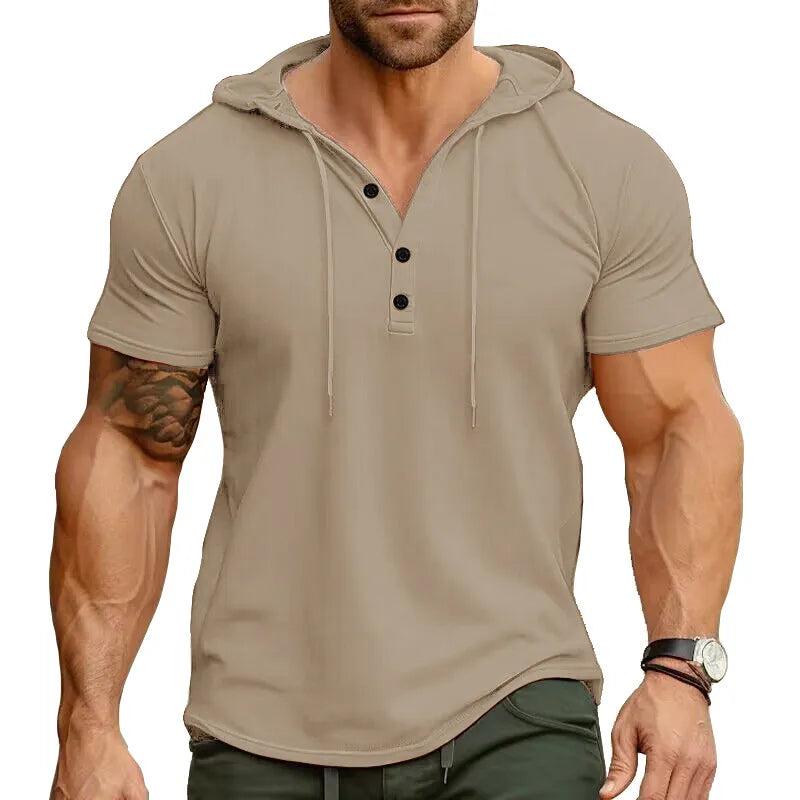 Men's single-colored stretch slim fit short sleeve hooded henley shirt