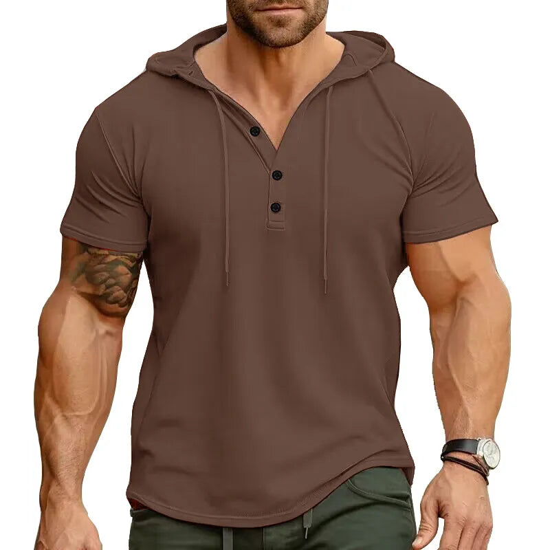 Men's single-colored stretch slim fit short sleeve hooded henley shirt