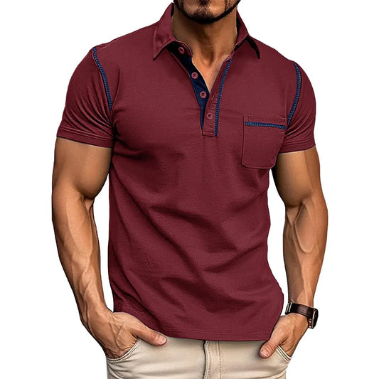 Casual polo shirt with color block design and short sleeves for men