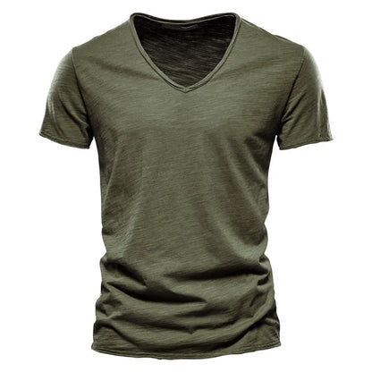 Structured, single-colored T-shirt with V-neck for men