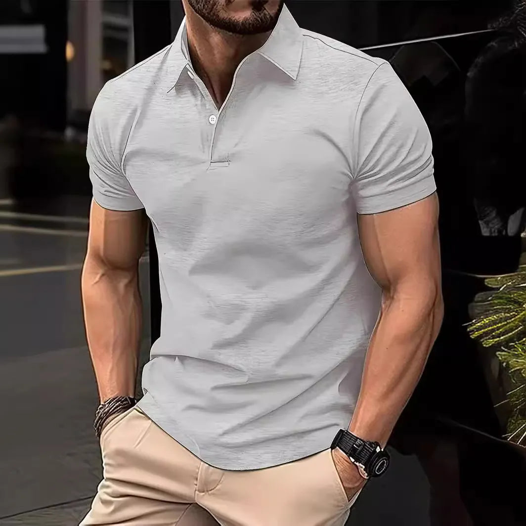 Men's leisure polo shirt with plain design and button placket, short-sleeved