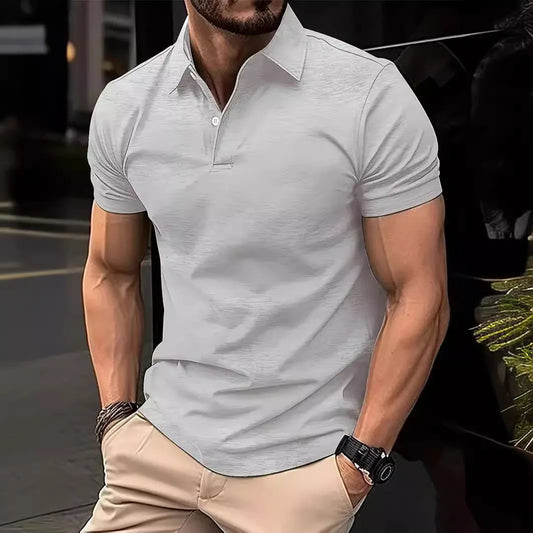 Men's leisure polo shirt with plain design and button placket, short-sleeved
