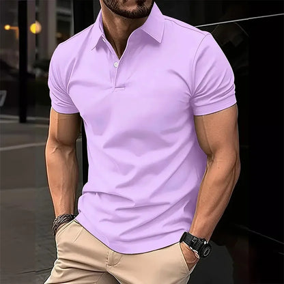 Men's leisure polo shirt with plain design and button placket, short-sleeved